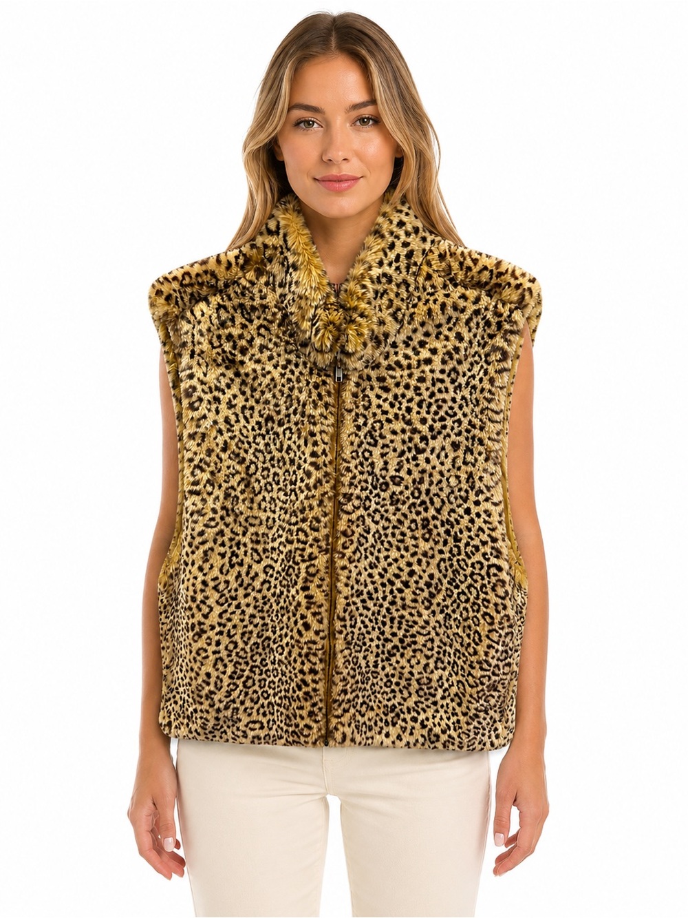Cross Pointe Faux Fur Leopard Zip Vest in Gold